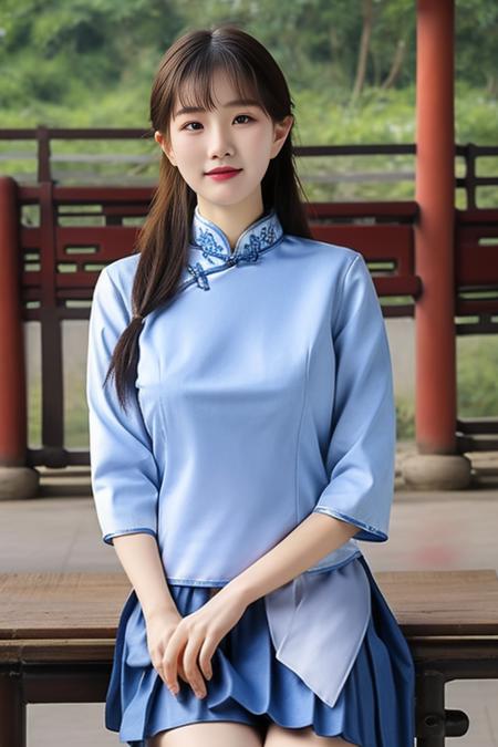 best quality, masterpiece,real,realistic, photo,photorealistic,looking at viewer,
1girl, xiaofu,school uniform, chinese clothes, cheongsam,shirt,pleated skirt,sleeves past elbows,
indoors, classroom,chinese town,east asian architecture,sitting on bench, 
long hair,straight hair, blunt bangs, huge breasts, covered nipples,
<lora:xiaofu_v3_02:0.8> <lora:cuteGirlMix4_v10:0.6>