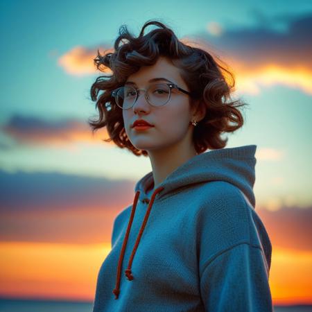 feminine, photograph, realistic, detailed, (small_breasts, perky_breasts, necklace, glasses, thick,
(20yo, nsfw, 1girl, pubic hair, short wavy hair, pretty, rouge,:1.4), sensual, exotic, mesmerizing, evocative, entrancing, artless, young, fresh, solo, (style of Henry Scott Tuke), (style of Anthony Thieme), (style of Gil Elvgren), :1.1), 
(1girl, solo, upper_body, sunset,  evening, sky, from_side, gradient_sky,  twilight, nose, jacket, dusk, backlighting, blurry_background, sweater,  orange_sky, cloud, depth_of_field, sunlight, day, blue_sky, hood, gradient_background, hoodie, portrait, shirt,:1.0)