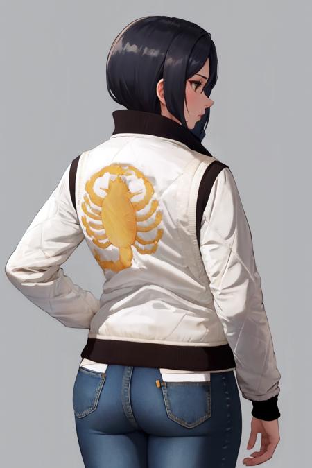 (print jacket, white jacket), from behind, jeans