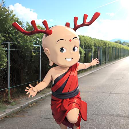 sentokun,1boy,chibi, child, monk,shaved head, big head, deer horns, pointy ears, robe,single bare shoulder,bare arms