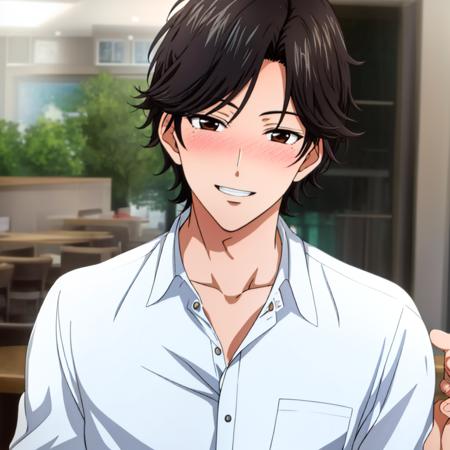 4K, Masterpiece, highres, absurdres,<lora:Bishounen:0.7>, bishounen, attractive man, black hair, smiling awkwardly, front view, wearing a shirt, blushing, caf background, face ultra closeup