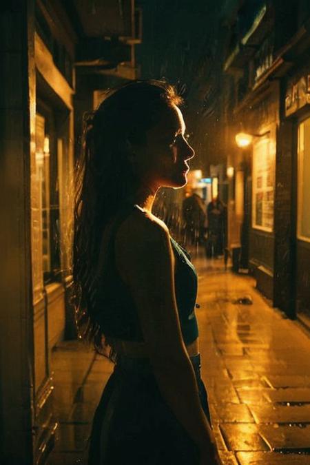 In the midst of the rain-slicked sidewalk, she walks with purpose, each step leaving a soft ripple in the puddles below. The gentle patter of raindrops adds to the rhythm of her journey, soaking her attire and hair with a glistening sheen. As cars pass by, their headlights ray of light cut through the darkness, casting a halo of light around her figure, momentarily illuminating the surrounding streetscape. Meanwhile, the colorful neon lights from nearby storefronts paint her face with a kaleidoscope of hues, creating a surreal and captivating scene amidst the urban chaos. heavy rain