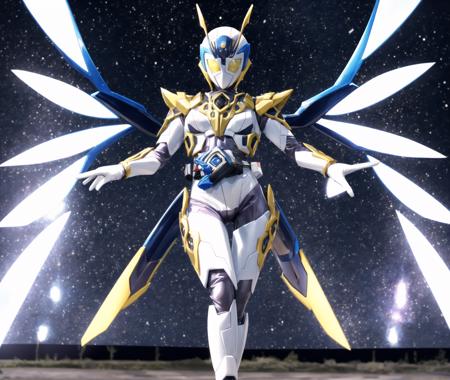 (masterpiece,best quality,4k,8k)kamen rider valkyrie RC, (1girl, solo, mature female, breasts,wide hips,cameltoe,thighs), night,looking at viewer, antennae, standing, dynamic pose,seductive,femme fatale,full body,shiny costume, (skin tight bodysuit), glowing yellow eyes, armor, science fiction, tokusatsu, female focus, kamen rider,belt,white gloves, <lora:kamen_rider_valkyrie_LH-09:0.6> <lyco:GoodHands-beta2:1.0>