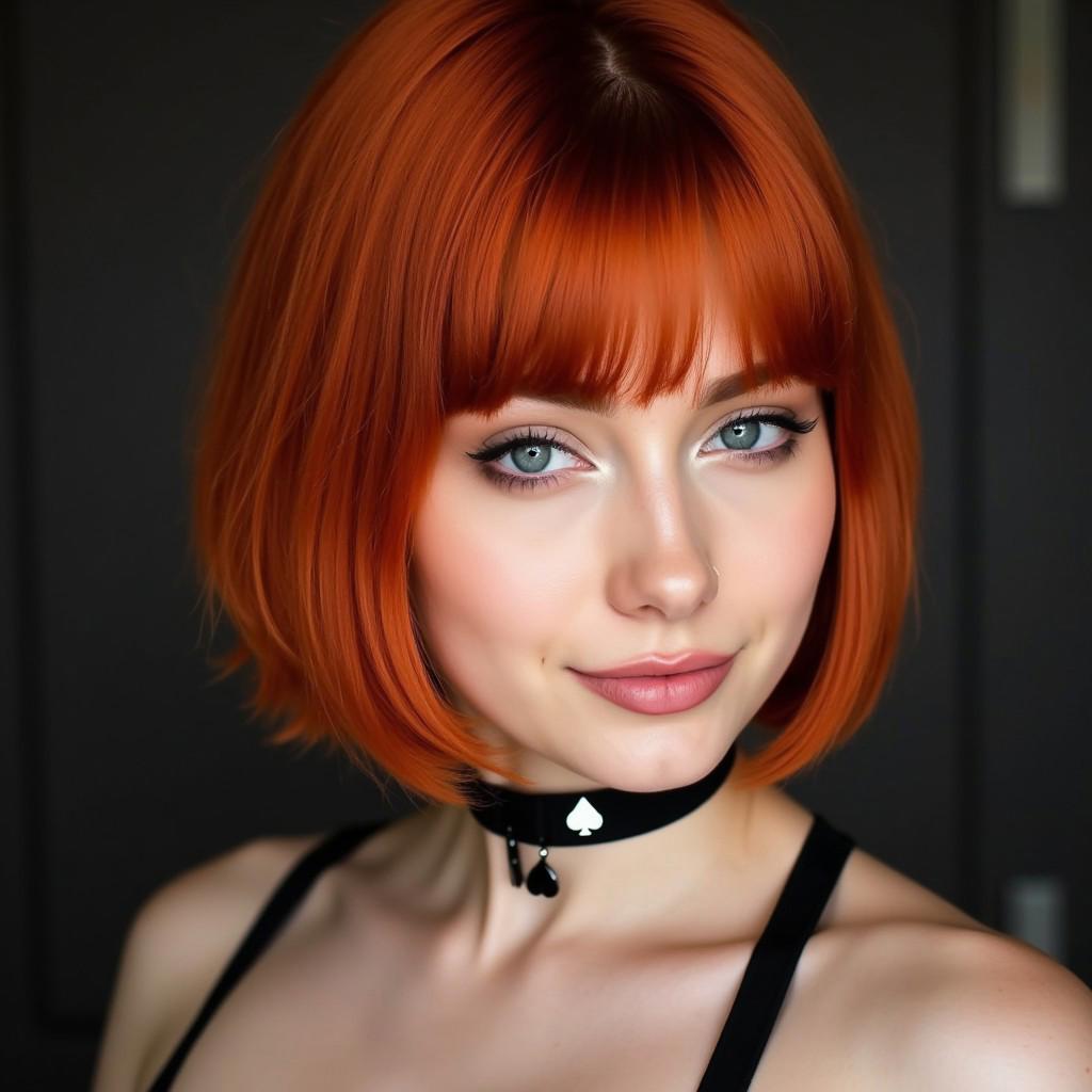 photography portrait of A beautiful ginger woman. she has short hair and straight bangs. she has blue eyes. she wears a black choker with a spade symbol on it.