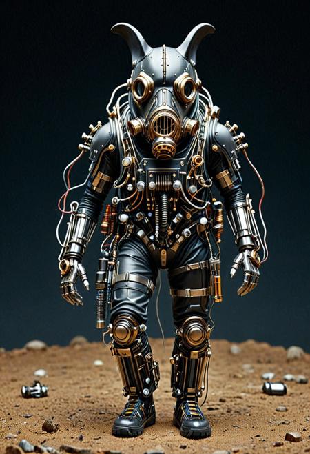 8k, Tilt shift photography style, mechanical zombie, walking, whale head, black gas mask, Transistors shilver armor, shick shark arms, mechanical back pack, shilver circuits, propeller on body, walking on the cave, simple dark background, minimalist ,extremely detailed,qu4ntum