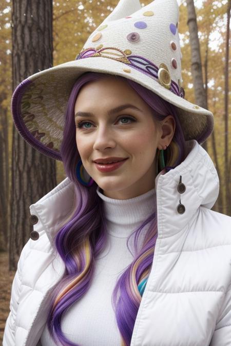 score_9, score_8_up, score_7_up , 1female, 35 years old, solo, close-up portrait, blush, happy, blue eyes, beautiful, mature female, blonde hair 
,purple hair, realistic, circlet, necklace, earrings, diabellze, multicolored hair, witch hat, white coat, white bodysuit, multiple belts, extra decorations, forest.