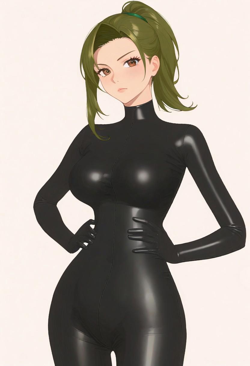 Masterpiece, High quality, anime, single, solo, 1girl, Oc, adult, tall, Agent spy woman, 1girl, tall, green ponytail hair, Black skintight latex bodysuit, full Black skintight latex gloves, brown eyes, green ponytail hair, Black Latex skintight bodysuit, all black shiny latex suit, long zipper on center of suit, shiny Black latex skintight elbow gloves, shiny Black latex skintight thigh boots, gadget belt on waist, serious face expression, hands on hip, White background