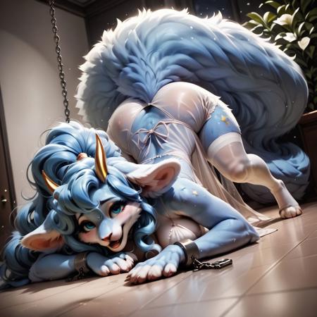 score_9, score_8_up, score_7_up, score_6_up, score_5_up, score_4_up, Bellaru sexy blue furry girl, blue furry skin, blue hair, gold horns, big fluffy paws, big fluffy ears, fuzzy, vintage look, cinematic look, face down ass up, exaggerated angle, zoom, unique angle, white leggings, realism, panting, sweating, wet, wearing night gown, chained up, basement, water on the floor, lathered, high quality water effects, night gown, in basement, dark, no light