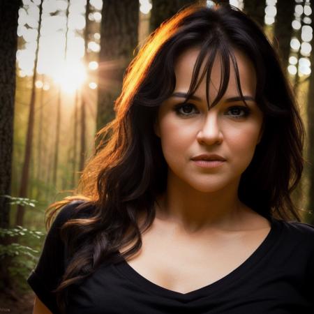 picture, best quality, a woman in the forest at sunset, photo of beautiful MRO<lora:MRO:1.0>, wearing a black t-shirt, dark brown hair, looking at viewer, perfect face, perfect eyes, small eyes, sharp focus, Intricate, High Detail, dramatic, photorealistic,