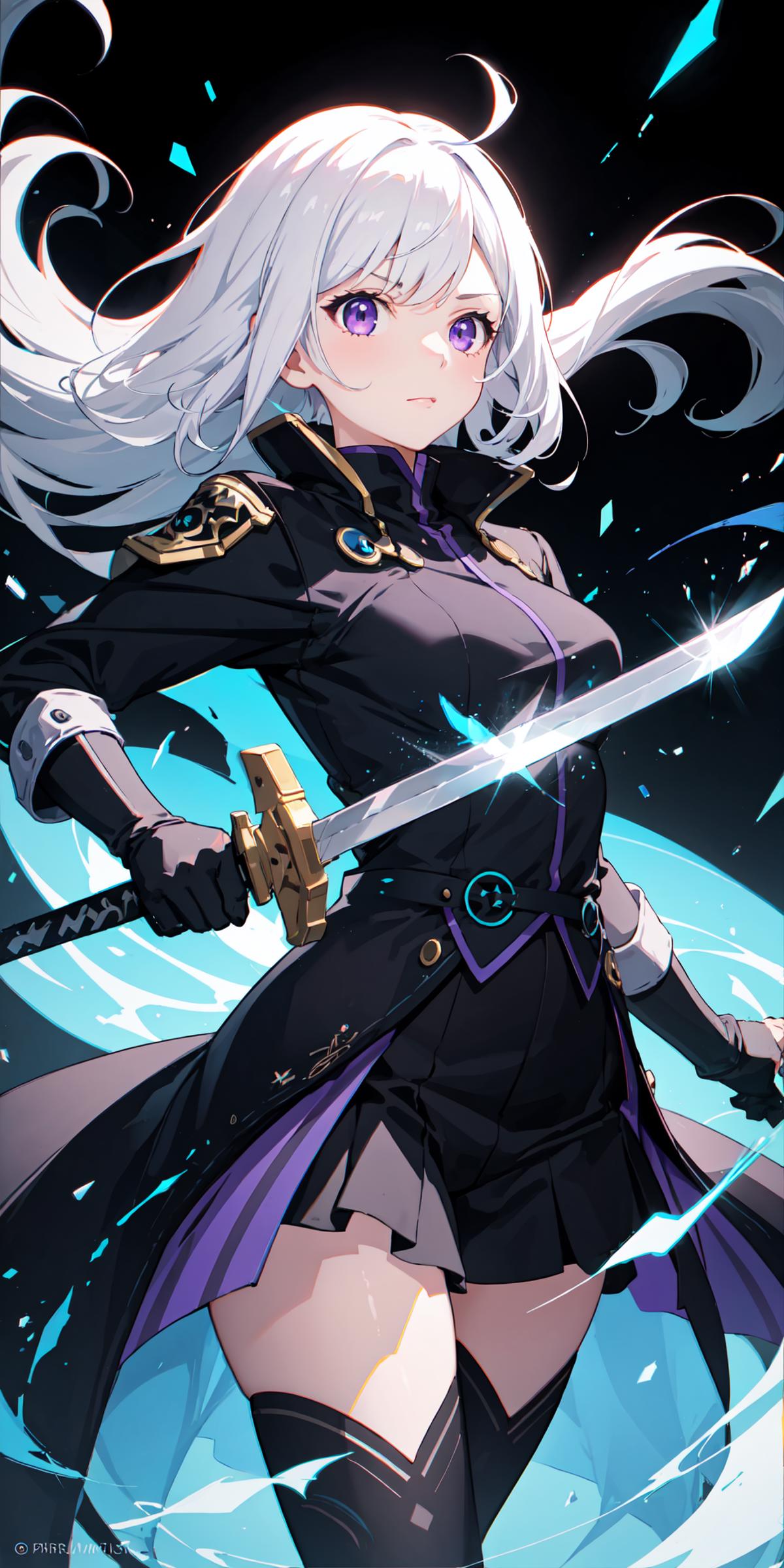 Anime character holding a sword and wearing a black jacket.