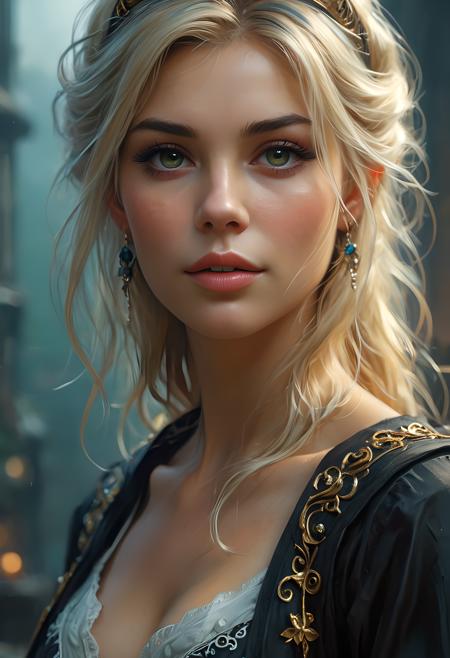fantasy setting,(ultra realistic:1.3),(best quality:1.3),(illustration:1.1),(hyper detailed:1.1),(high quality:1.1),masterpiece,pale skin,close portrait,beautiful sorceress,(tattoo:1.3),(solo:1.1),(mage robes:0.9),(8k:1),colourful,(digital-painting:1.1),detailed face and eyes,young,silver accessories,(soft freckles:1.2),(blonde long hair:1.1),straight hair,(green eyes:1.2),(magical weapon:1.1),(fantasy village:0.9),(3/4 pose:1.5),(dynamic pose:1.2),(fixl-art:0.9),(perfect body:0.9),(cinematic lighting:1),(silver jewellery:1),<lora:mystivis:0.7>,<lora:LaxpeintXL-2.0:0.7>,<lora:more_details:1.3>,