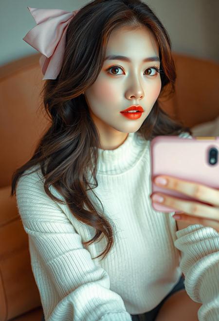 DSLR-style, glamorous and elegant 26-year-old Korean model, extremely milky white skin with porcelain glow, smooth and luminous, flawless soft matte finish with light reflecting quality, Korean idol skin tone, subtle gradient from center to jawline, extremely pale white skin, parted lips, masterpiece, ultra high-resolution  
<lora:NOOB_vp1_detailer_by_volnovik_v1:1>  
barely visible pores, uniform soft tone, studio-lit skin, full body
21yo pretty korean model, amateur selfie, tight and firm body, tight short dress, long socks, Best quality, realistic, Looking at the camera, fresh face, beautiful dark eyes, long eyelashes, high prominent cheekbones, olive skin, flirting, wavy brown hair, full lips, slim and petite, very detailed, ((shiny skin)), futa, bulge, oversized sweater, big pastel pink bow at the back of the head, dynamic pose, high white socks, sitting, take a selfie with a pastel pink phone,masterpiece, best quality, newest, absurdres, highres, anime, anime style, curled-toes-IL.V1.0, toe scrunch, curled toes soles, 1girl, Nico robin/(one piece/), black hair