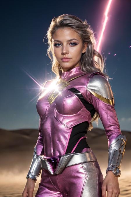 (power ranger cinematic scene:1.2),Cinematic scene in the dessert, a pink power ranger girl, 22 years old, detailed skin and face, (bright silver hair), (wavy silver hair), (brunette girl with grey eyes), (wearing tight power ranger costume, busty girl), brushed metal, detailed superhero outfit, Porta 160 color, shot on ARRI ALEXA 65, bokeh,  <lora:Colour Control Slider by Stable Yogi:2>, sharp focus on subject, highest details, photorealistic, high background details, action scene, explosions, reflection, godrays, 8k, raytracing,  <lora:breastsizeslideroffset:-0.38>, ((detailed dramatic background)),  <lora:anti_longtorso_v10:1> , (intense looking at viewer) , (well lit face),  <lora:add_detail:0.5> , particle effects, dust particles, ((dramatic scene))