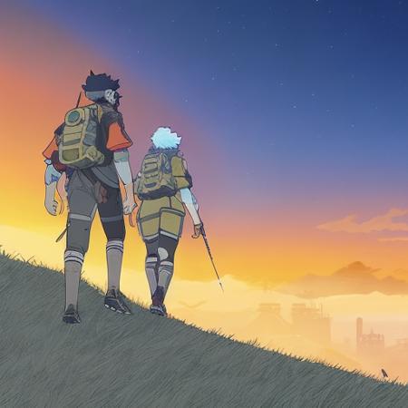 evang, two adventurers walking over a hill, foreground has heavy Bluetones in the shadow, background has warm yellow tones