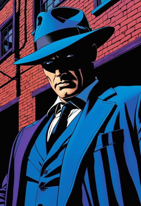 add_detail, masterpiece, vibrant, 
The Shade, fedora, cape, film noir, generic comics, reminiscent of Dan Jurgens' and Brett Breeding's comic book art, with smooth, precise lines and vibrant, popping colors, perfect for a dramatic, haunting visual effect, blues and blacks and violets tones, 1989, very fine inked art, 3D, CGI art, highly detailed,