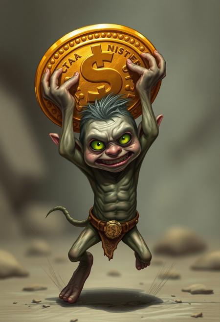 "Create a hyper-realistic 2D illustration of a tiny, wiry goblin, no larger than 2 inches tall, lifting a gigantic gold coin over his head with both hands. The coin should be at least 10 times the goblin's size, with intricate details and textures that make it look like a real, ancient treasure. The goblin's face should be contorted in a mixture of effort and excitement, with green dollar signs for pupils that seem to spin with avarice. His arms should be straining to hold the weight of the coin, with visible veins and tendons bulging beneath his skin. The background should be a blurred, muted gray, with subtle hints of motion lines and speed effects to convey the goblin's hasty escape. The overall effect should be one of dynamic, high-energy illustration, with a perfect balance of humor, action, and detail." highest-Quality, 8 k, intricate details, visually stunning, Masterpiece