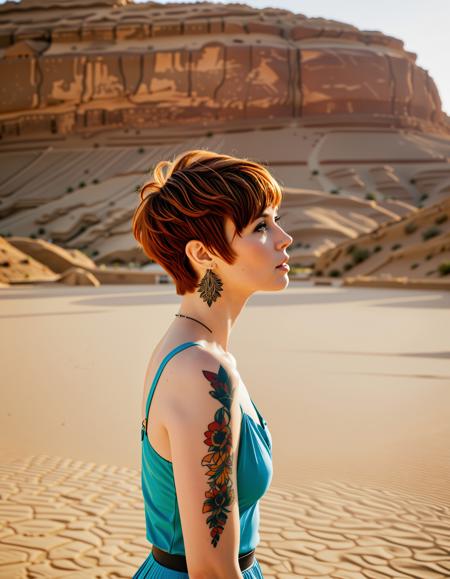 Jane_auburn, RAW full body analogue photo of a beautiful 25 years old auburn haired woman, clear focus, high resolution image, <lora:Jane_Auburn_SDXL:0.8>,wearing Phoenix Tattoo, (cute pixie cut hairstyle:1.6),high quality, film grain, Fujifilm XT3, 8k uhd, dslr, film grain, kodak tri-x 400 film, grain photo DOF, faint lighting, dynamic angle, cinematic, Depth of field, bokeh, best quality, cinematic, light particles, highly_detailed, very_aesthetic, golden hour, beautiful_and_aesthetic ,Sexy pose, erotic pose, exhibitionism ,The Petra in Jordan with its rock-cut architecture and desert landscape