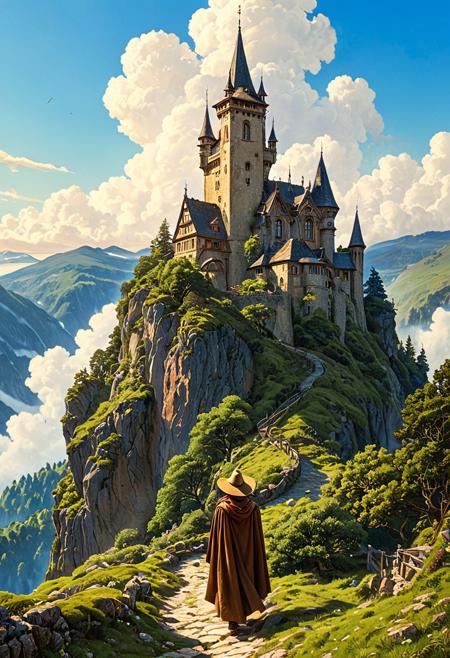A breathtaking fantasy landscape featuring a medieval house perched precariously atop a towering rocky cliff. The house is an old, wooden and stone structure with steep, pointed roofs, balconies, and chimneys, giving it a whimsical, fairytale-like appearance. Below, a lone traveler wearing a brown cloak and wide-brimmed hat walks along a winding mountain path, gazing up at the house. The lush, green hillside is dotted with trees and deer grazing in the distance. In the background, a majestic castle with towering spires rises over the valley, partially obscured by mist. The sky is a brilliant blue with fluffy white clouds, and the entire scene is painted in a semi-realistic, hand-drawn fantasy illustration style reminiscent of classic storybook art. The lighting is warm and golden, creating a dreamy, enchanted atmosphere. , anime, cyberpunk