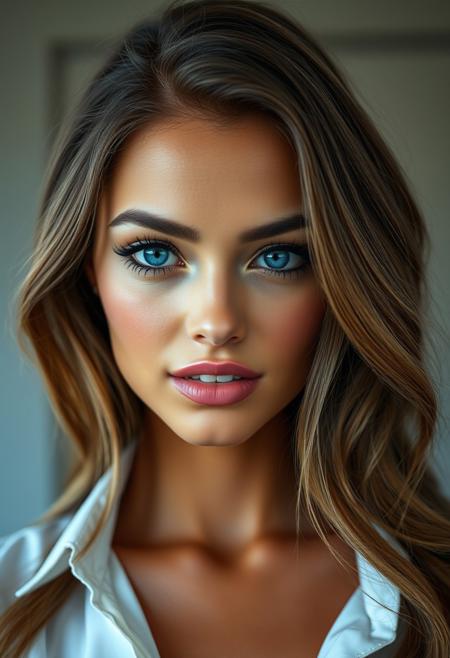 a stunning supermodel, a single girl with realistic features, she has long, wavy brown hair and striking blue eyes, detailed with mascara and delicate eyeshadow. Her face has a straight nose, thin lips, and parted lips revealing her teeth, all accentuated with lilac lipstick and a touch of blush. Her makeup is subtle and flawless, complementing her perfect skin. She wears a white blouse that highlights her collarbone