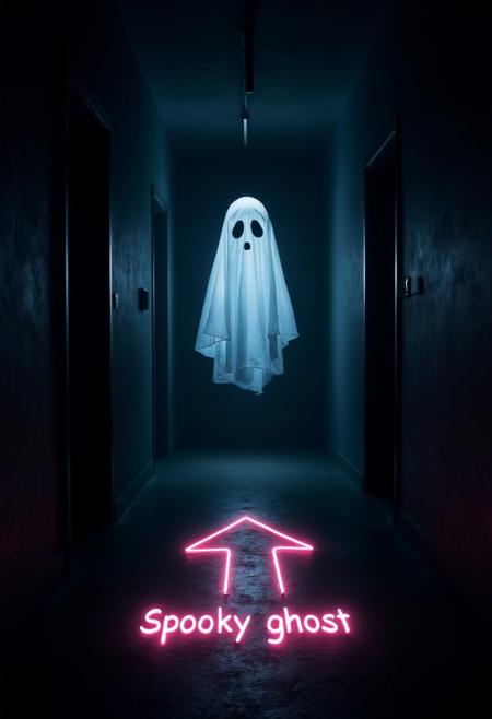 DarkAtmosCE style, a half transparrent ghost floating in the end of the long dark hall, on the foreground the neon light arrow pointing towards the ghost with the words: "Spooky ghost" written on it