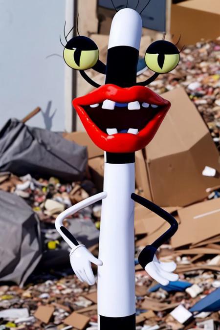 best quality, intricately detailed, <lora:o8l1n4:0.7> oblina at a garbage dump, looking at viewer, neutral expression, (thin body:1.4), (cartoon character:1.1), (black and white striped skin:1.1), tail, (beautiful mouth:1.1), slit pupils, tooth gap, detailed background