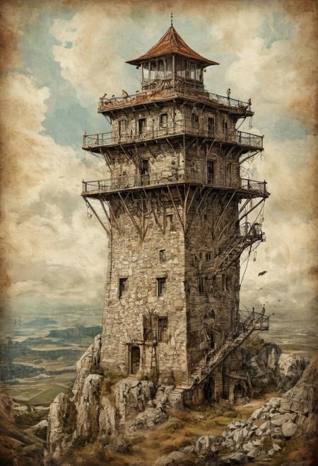 Epic high conceptual digital illustration, hyper realistic intricate artwork, creation of an image that is showcasing grand landscapes with historic watchtowers, emphasizing the guardianship over time, sharp focus, vintage atmospheric ambience, art on old paper, Oli and ink on canvas, dedicated watercolor, masterpiece painting, pen and pencil, deep sharpness, intricate detailing, award winning portrait by Kingshuk's craziness