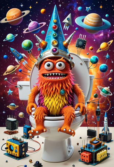 score_9, score_8_up, score_7_up, score_6_up,
super colorful, highly detailed, funny monster, funny, silly hat, detailed background, space craft, space ship, extravagant background,  sitting on, galaxy toilet, colorful, star (sky), planets, Transistors, futuristic, cimputers,