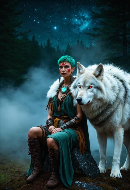 tribal warrior woman, sitting on a rock, short green hair, red war paint on cheeks, mature face, serious expression, large bone earrings, sleeveless olive-green tunic, thick white fur cloak with wolf hood, red-tipped wolf ears, glowing crystal pendant, giant white wolf behind her, protective, night sky full of stars, misty forest background, vivid colors, saturated lighting, rich color palette, glowing accents, semi-realistic, highly detailed, masterpiece, very aesthetic, dramatic cinematic lighting, fantasy atmosphere, sharp focus, rugged textures, natural materials