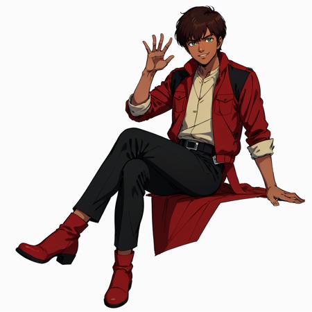 masterpiece,high quality,white background,simple background,
<lora:judauashta001:0.6>,solo,looking at viewer,smile,
judau_ashta,1boy,
short hair,brown hair,green eyes,dark skin,
red jacket,open jacket,
black pants,belt,belt buckle,red footwear,boots,
full body,sitting,crossed legs,hand up,