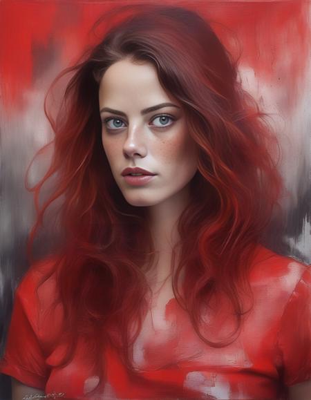 KayaScodelario,<lora:KayaScodelarioSDXL:1>,A painting, beautiful woman (freckles),  (((red ominous war))) [in the style of Anna Razumovskaya and Clovis Trouille:0.4]