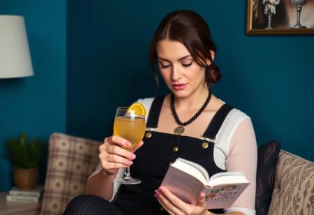 Scandinavian, tight unitard, cameltoe, lip bite, reading a book, holding a mimosa