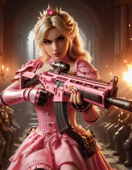 cinematic still photo of sexy Princess Peach from Super Mario Brothers with Assault Rifle, action scene in bowsers castle . emotional, harmonious, vignette, 4k epic detailed, shot on kodak, 35mm photo, sharp focus, high budget, cinemascope, moody, epic, gorgeous, film grain, grainy, dark cyberpunk illustration of brutal photo of sexy Princess Peach from Super Mario Brothers with Assault Rifle, action scene in bowsers castle in a world without hope, ruled by ruthless criminal corporations. best quality, high resolution, cinematic still photo of sexy Princess Peach from Super Mario Brothers with Assault Rifle, action scene in bowsers castle . emotional, harmonious, vignette, highly detailed, high budget, bokeh, cinemascope, moody, epic, gorgeous, film grain, grainy, epic cinematic shot of dynamic photo of sexy Princess Peach from Super Mario Brothers with Assault Rifle, action scene in bowsers castle in motion. main subject of high budget action movie. raw photo, motion blur. best quality, high resolution, photo of sexy Princess Peach from Super Mario Brothers with Assault Rifle, action scene in bowsers castle, professional, cinematic color composition, dramatic atmosphere, detailed, sharp focus, extremely detail, elaborate, elegant, creative, appealing, highly saturated colors, cool light, iconic, beautiful, best, real, romantic, holy, perfect, magic, epic, shining, intricate, great