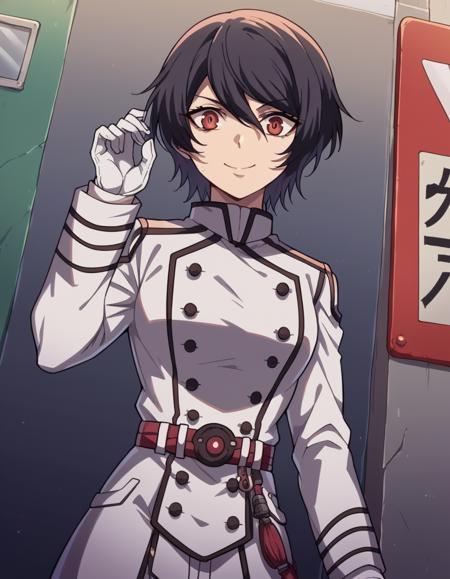 <lora:akudama-apprentice-s1-ponyxl-lora-nochekaiser:1>, apprentice, short hair, black hair, red eyes, hair between eyes, gloves, belt, white gloves, uniform, military, military uniform,