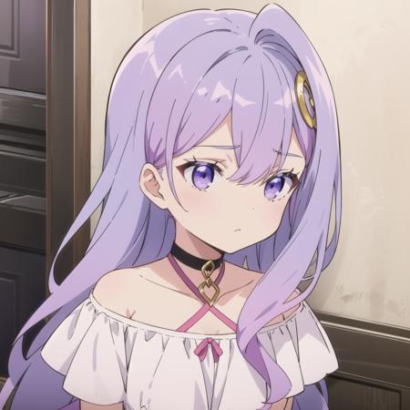 Silk, 1girl, purple eyes, purple hair, collarbone, puffy short sleeves, white dress, black choker, hair ornament, long hair, upper body, <lora:Silk:0.6>