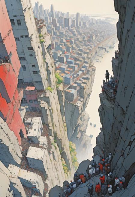 painting by Yoshitaka Amano, 
(dynamic_angle), 
a small figure looking down from a cliff, City landscape, dystopian fantasy city, crowds of people, 
(looking out over city),
(highly detailed, digital painting, concept art),
sharp focus, illustration, 
multicolored, soft colors, detailed textures,