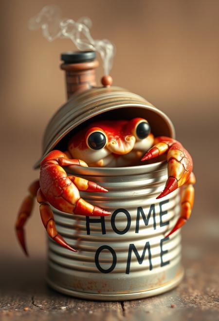 Create a hyper-realistic, hyper-detailed image of a cute hermit crab using a tin can as his shell, with the word "HOME" proudly displayed on the side. The can is decorated with a tiny window, a miniature chimney, and a wisp of smoke rising from the top, giving it a cozy, homely feel. The hermit crab's eyes and claws are rendered in exquisite detail, with a warm, inviting glow that makes you want to smile. Style: hyper-realistic, whimsical, adorable. Colors: warm, earthy tones with a focus on rusty red and creamy white. Highest-Quality, 4k, Masterpiece