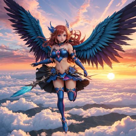 charcoal etching art, a beautiful technicolor etched magical girl, flying through the sky, sunset backdrop, clouds, a pair of fiery blue wings



