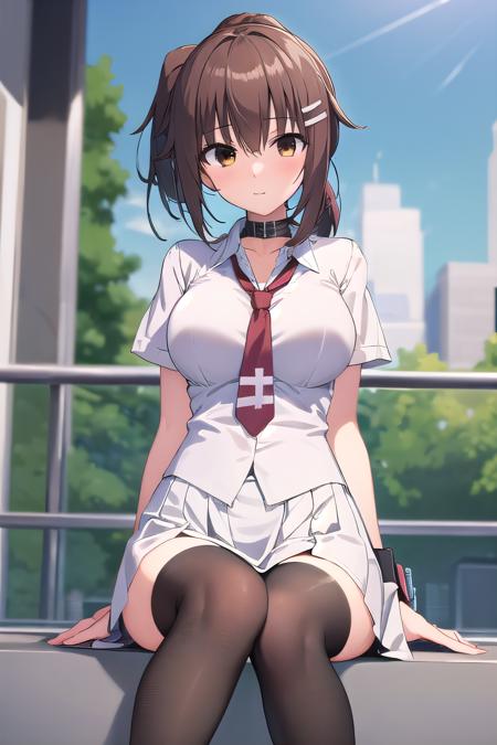 masterpiece, best quality, ultra-high-detailed,  Minakami Yuki, brown hair, brown eyes, ponytail, choker, pin, red necktie, white gown, black thighhighs, armband