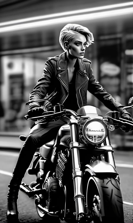 <lora:wallis_day_xl_lora_33:1> wallis day woman, masterpiece, concept art, highly detailed, (black and white), mid shot, centered, dynamic angle, woman on motor bike, cyberpunk theme, stylish, stylish hair, Cafe background, Volumetric lighting, depth of field, focused shot, (epic composition, epic proportion), Award winning, HD