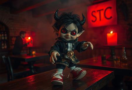 a horror version, of a small fabric plush doll, old male, warm skin, devil like red eyes, empty, black hair with some green lines in it, smiling like death itself, fine black and white clothes with detailed golden roses on it, red old and dirty sneakers, white socks, black knuggle handshoes, i bit gothic style. 
dancing on a wooden table in a old dark tavern, strange warm and red lights, brothel like, a silhouette of a bulky man in the background, on a bar and tables, some drinks and empty whisky bottle, fog, foggy, (big glowing red candly with a black writing "STSC"),
dslr 8k