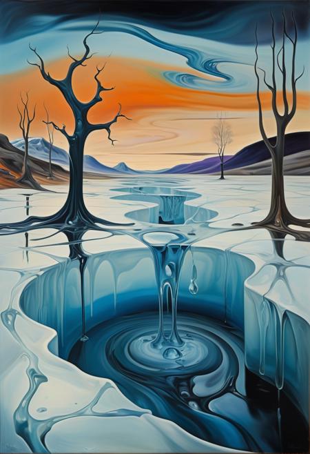 An oil painting blending the surrealism of Salvador Dalí with the emotional intensity of Edvard Munch. The scene portrays a paradoxical landscape where solid and liquid elements coexist. Large, melting blocks of ice and water flow like liquid, but are frozen in mid-motion, creating an impossible fusion of forms. In the foreground, a figure with a distorted, anguished expression is half-submerged in a pool of translucent, solid liquid, as if trapped in a frozen moment. The background is a haunting, desolate landscape with warped trees and eerie, swirling skies in dark shades of blue, orange, and purple. The scene evokes a sense of confusion and existential tension, where the boundaries between reality and dream dissolve."