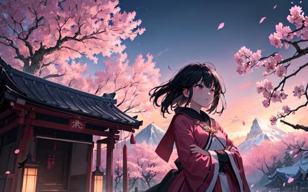 (best quality, masterpiece),(1girl, miko, coat, expression face, black eyes, looking away ,black hair, walking, upper body), (night strray sky, huge old tree behind, falling glowing pink petals behind, shrine behind, mountain background, blowing wind, meteoric cloud)