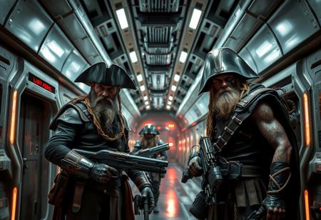 Mature and battle weary space pirates in a futuristic corridor , full body photo. Perfect Composition, realistic photographic image, RAW photo highest quality, Luis Royo style composition, perfect directional lighting, high contrast