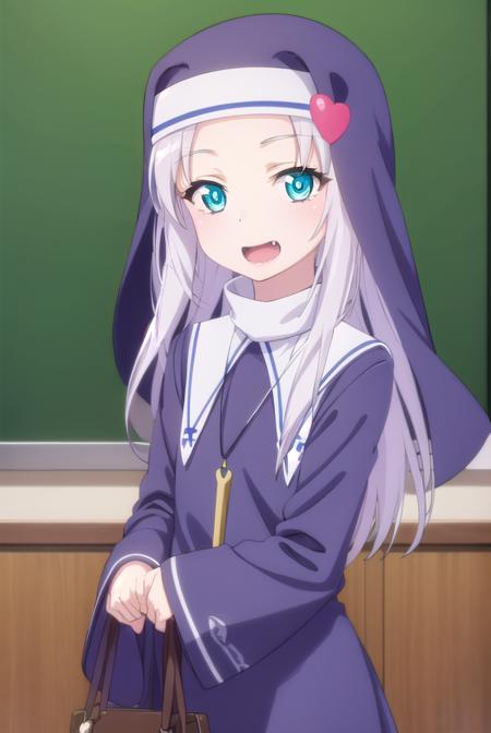 mariatakayama, <lora:maria takayama s2-lora-nochekaiser:1>,
maria takayama, long hair, blue eyes, fang, aqua eyes, smile, open mouth,
BREAK jewelry, heart, necklace, nun, habit,
BREAK indoors, classroom,
BREAK looking at viewer, (cowboy shot:1.5),
BREAK <lyco:GoodHands-beta2:1>, (masterpiece:1.2), best quality, high resolution, unity 8k wallpaper, (illustration:0.8), (beautiful detailed eyes:1.6), extremely detailed face, perfect lighting, extremely detailed CG, (perfect hands, perfect anatomy),