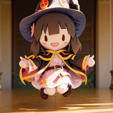 wanju\(fufu\), megumin, hat, witch hat, smile, brown hair, open mouth, solo, brown footwear,dress, button eyes,character doll, short hair, belt, pink dress, cape, solid oval eyes, blush, bangs, long sleeves, short hair with long locks, full body, black cape,jump