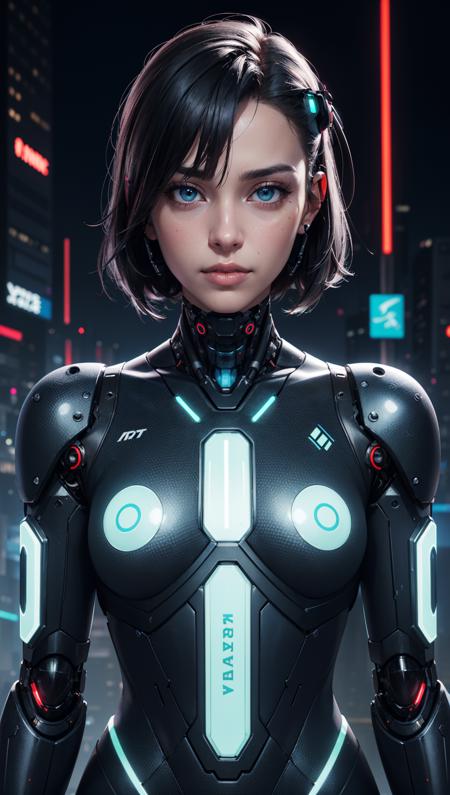 (futuristic cyberpunk setting), (cybernetic enhancements, neon lights), upper body shot, cyborg character, in a dynamic hacking pose, surrounded by holographic interfaces and digital code, cyberpunk color palette, futuristic attire with glowing elements, detailed cybernetic features, (official art), (realistic skin texture:1.4), (HDR:1.2),