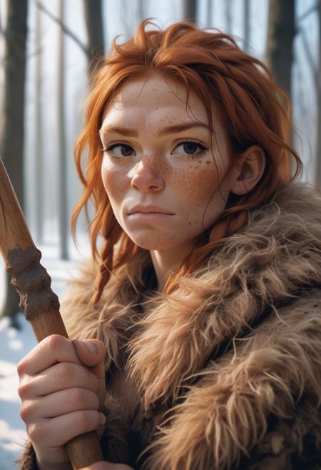 A professional portrait photo of a beautiful gentle strong  neanderthal woman in the forest in winter holding a spear, freckles and mud on face, black stripe painted side to side across her eyes, ginger hair and fur, extremely high fidelity, natural lighting, neanderthal woman