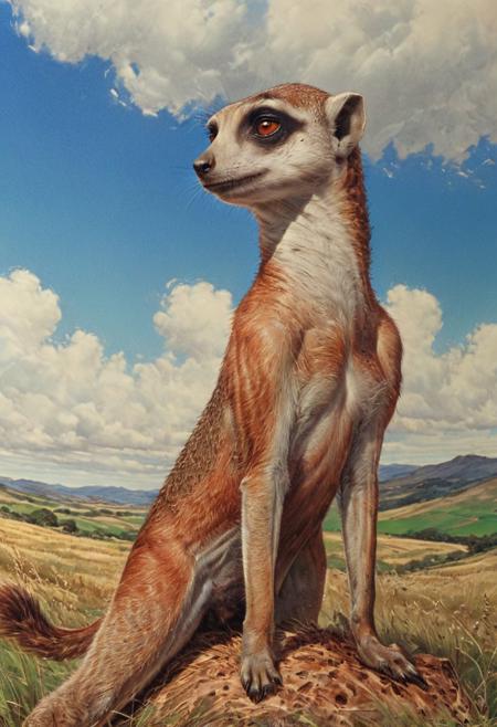 (highly detailed, hyper-realistic, fine details, sharp focus, precise rendering, perfectly proportioned, flawless rendering, smooth digital finish) ArsMJStyle, Colored pencil hyperdetailed realism, a majestic horse with a glossy chestnut brown coat, powerful muscles finely rendered with intricate shading, standing proudly in a grassy meadow, on top of the horse's strong back perches a curious meerkat with sandy beige fur and dark expressive eyes, the meerkat balancing confidently, looking into the distance with an alert stance, the horse's flowing black mane catching the gentle breeze, background featuring a vibrant green field with distant rolling hills under a bright blue sky with soft white clouds, sunlight creating warm natural highlights and gentle shadows, detailed texturing of fur, mane, and grass, atmosphere of playful harmony, crisp high-resolution finish.