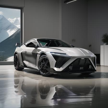 1 car exterior,(front 45 degree view:1.2),year 2025,the concept image of a sports car with mountains in the background, in the style of chen zhen, light gray and light black, ethereal lighting, henry justice ford, bold character designs, clean lines, pure forms