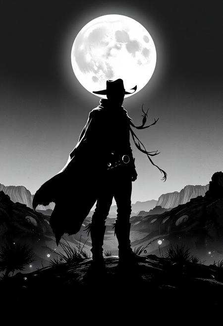 A lone cowboy standing under a full moon, his silhouette rendered in sharp  black-and-white contrast, while his cloak and hat brim extend into swirling, ink-like flourishes. cinematic Western realism meets intricate illustration, high-contrast black-and-white elegance with rugged atmospheric textures, elongated stylized figures with deep dramatic lighting, ornamental flowing linework blending into dusty frontier landscapes, surreal yet storytelling-driven